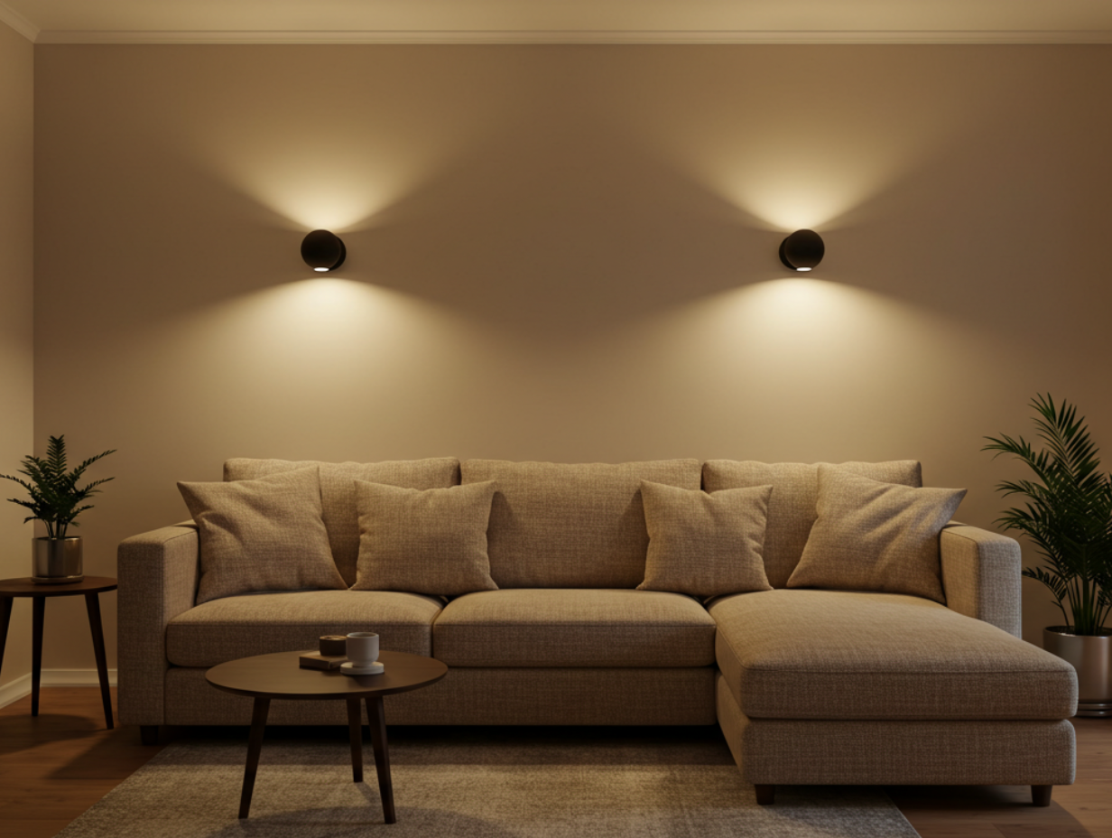 A beige sectional sofa with pillows, illuminated by wall-mounted sconces and surrounded by plants.