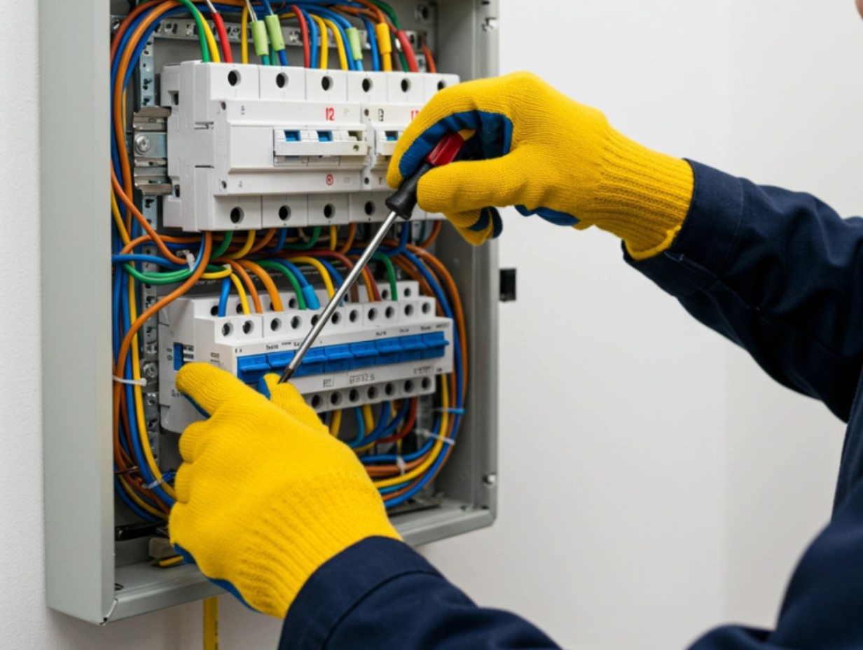 An electrician wearing yellow gloves using a screwdriver to work on a circuit breaker panel with colorful wiring