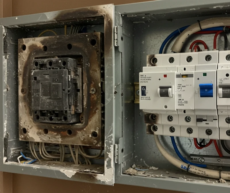 A damaged electrical panel with burnt areas around the circuit breaker and exposed wires.