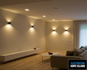 A softly lit room with wall-mounted lights creating a warm atmosphere on the light-colored walls