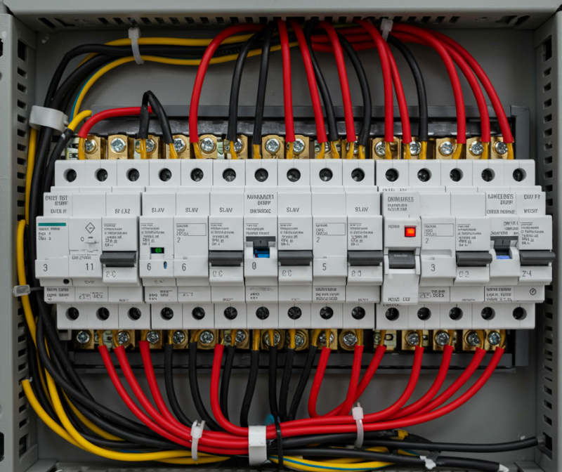 An electrical panel with neatly arranged circuit breakers and cables, showing an efficient setup.